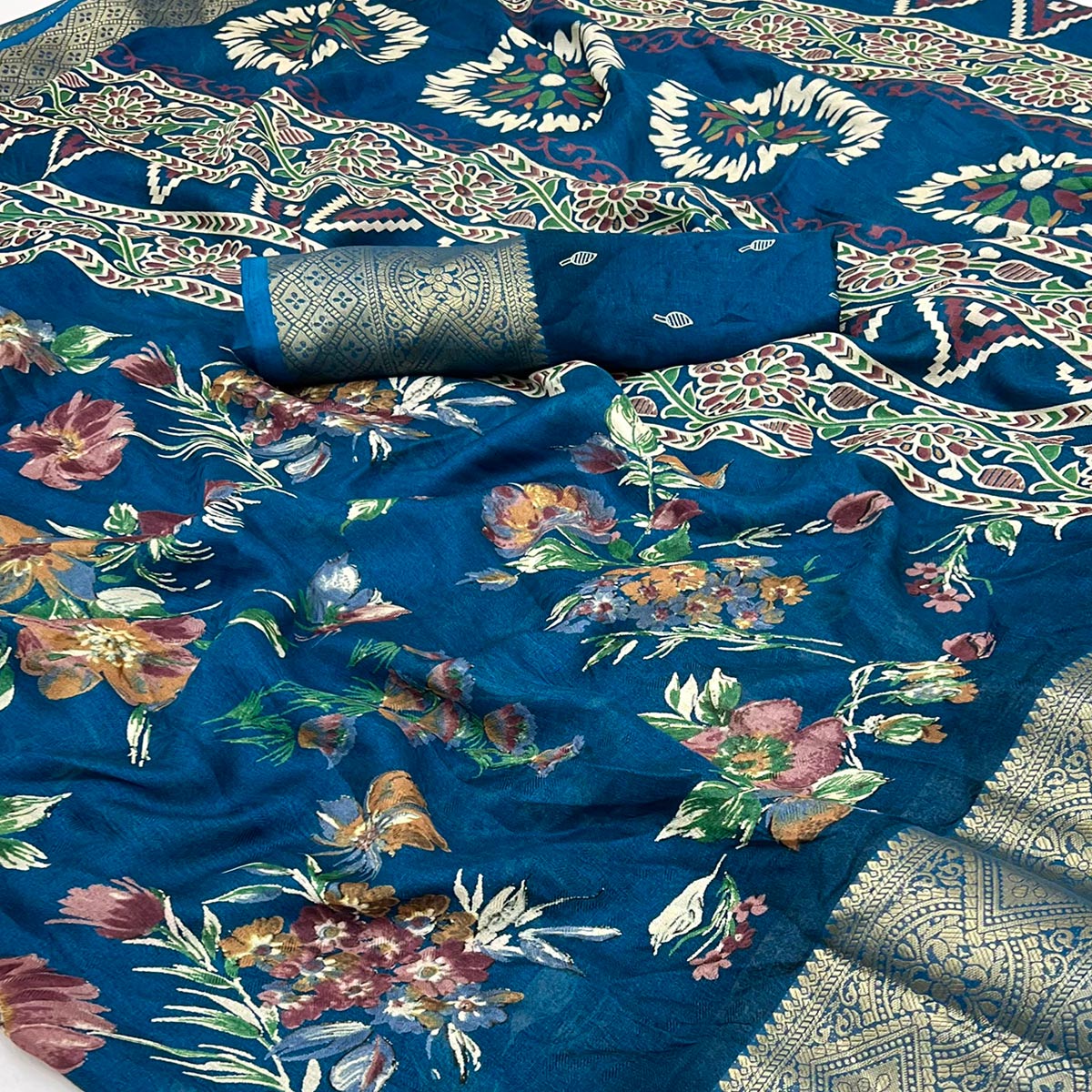 Blue Floral Printed Dola Silk Saree With Zari Border