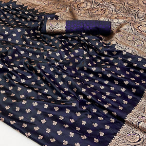 Blue Floral Woven Satin Silk Saree With Zari Border