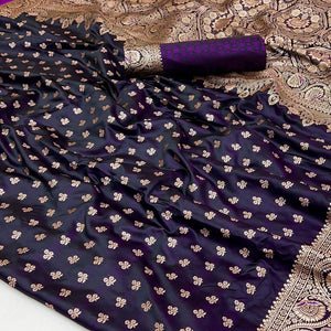 Dark Purple Floral Woven Satin Silk Saree With Zari Border