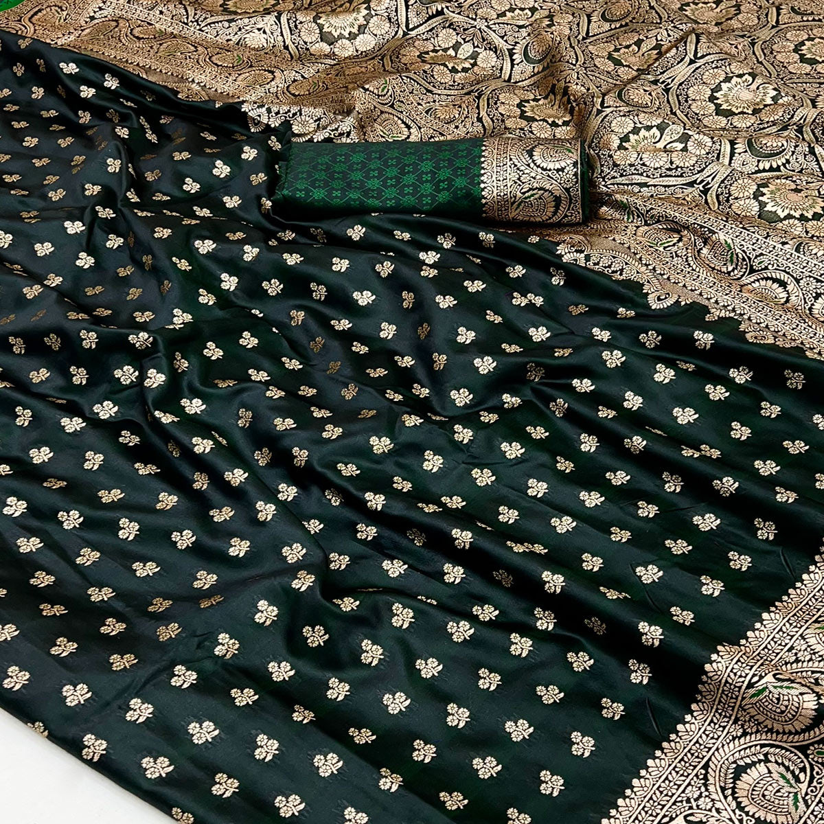Dark Green Floral Woven Satin Silk Saree With Zari Border