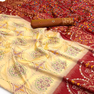 Light Yellow & Maroon Floral Woven Pure Silk Saree