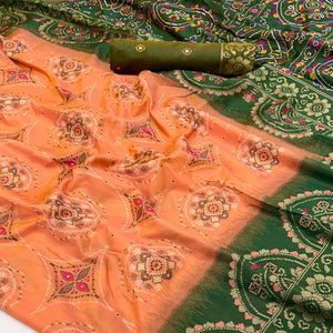 Peach & Green Floral Woven Pure Silk Saree