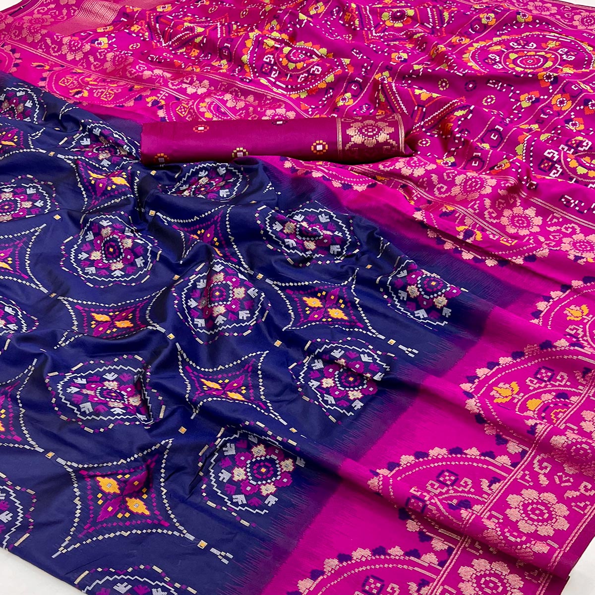 Navy Blue & Pink Floral Woven Pure Silk Saree