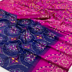 Navy Blue & Pink Floral Woven Pure Silk Saree