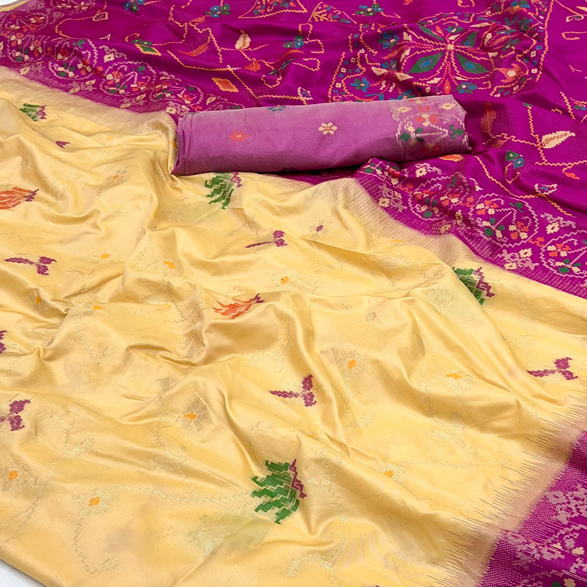 Light Yellow & Pink Floral Woven Pure Silk Saree