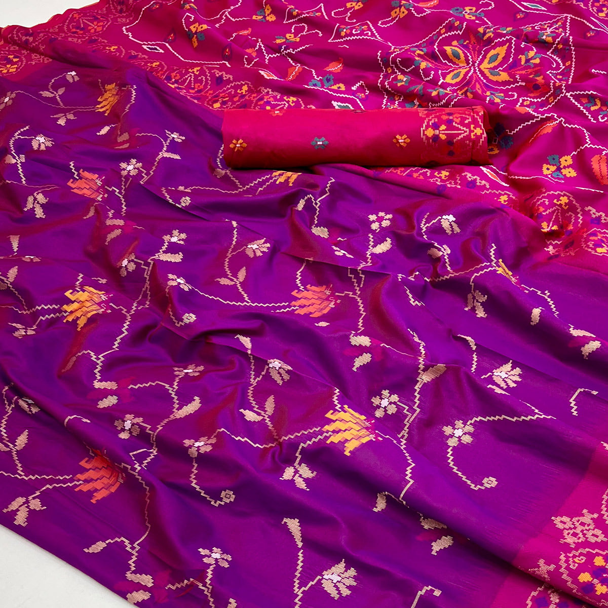 Purple & Pink Floral Woven Pure Silk Saree