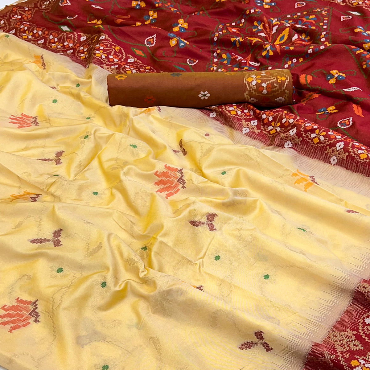 Light Yellow & Maroon Floral Woven Pure Silk Saree