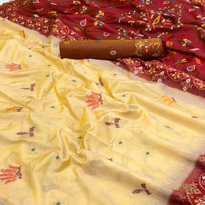 Light Yellow & Maroon Floral Woven Pure Silk Saree