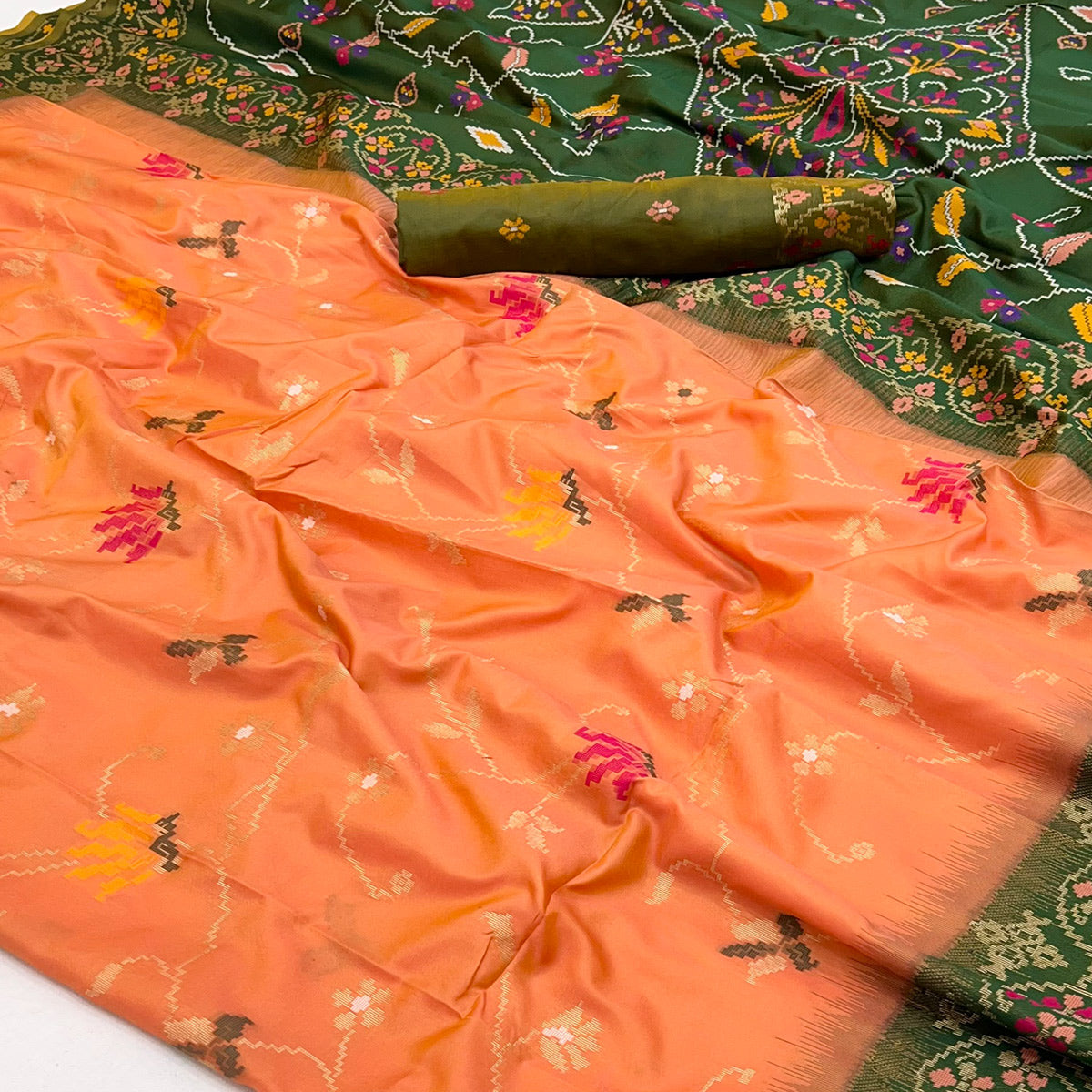 Orange & Green Floral Woven Pure Silk Saree