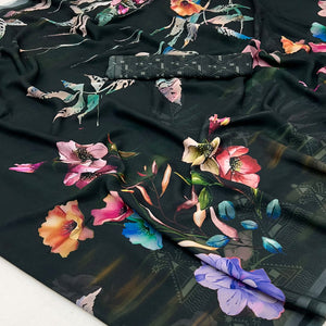 Black Floral Digital Printed Georgette Saree
