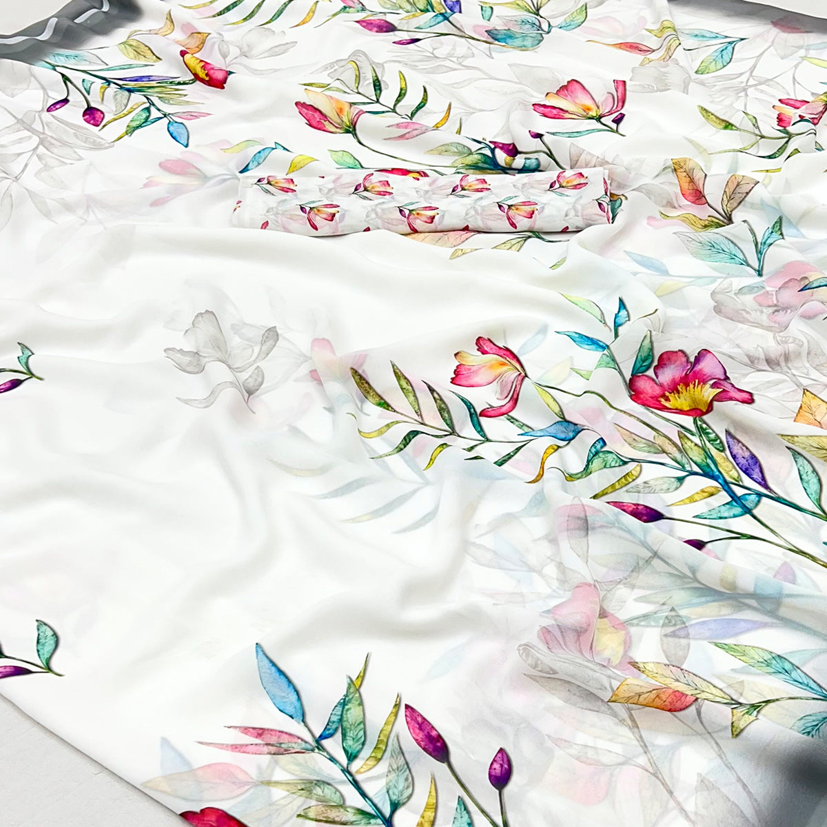 White Floral Digital Printed Georgette Saree