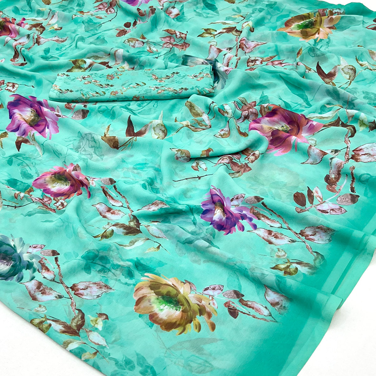 Turquoise Floral Digital Printed Georgette Saree