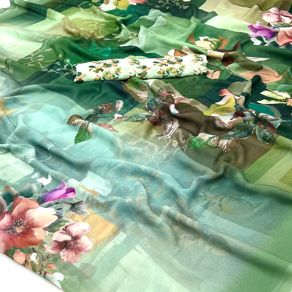 Green Floral Digital Printed Georgette Saree