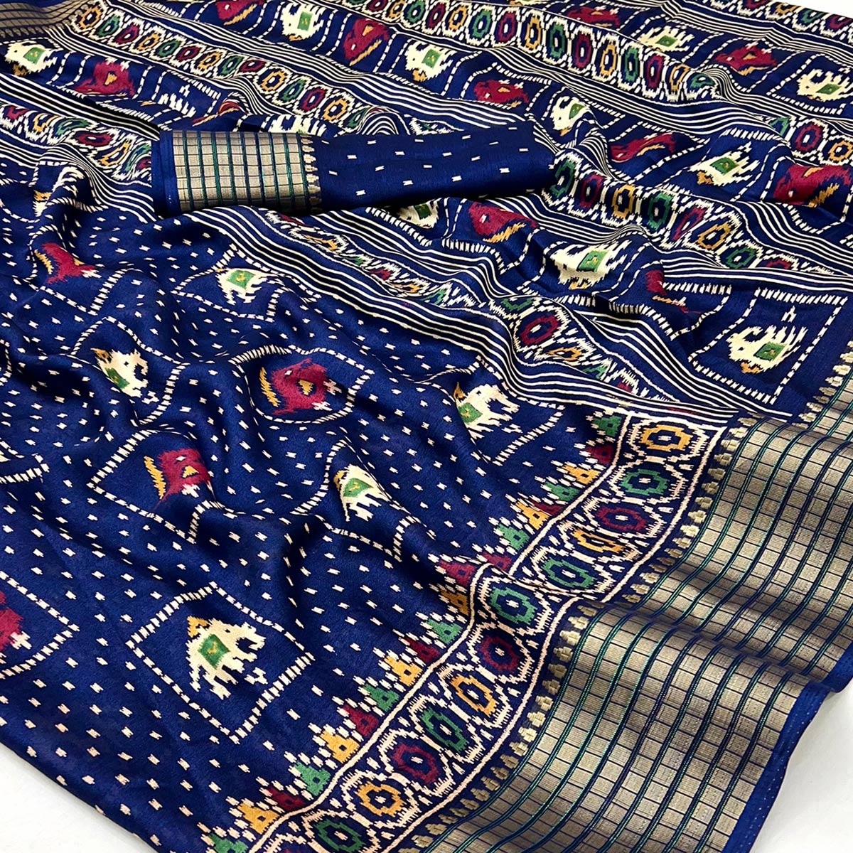 Navy Blue Printed Georgette Saree With Woven Border