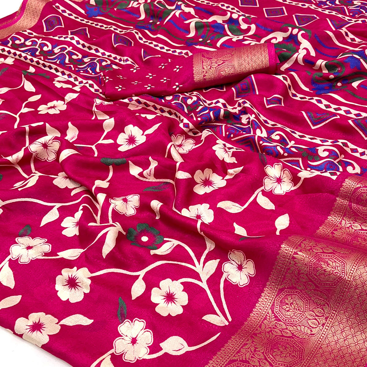Pink Floral Printed Georgette Saree With Woven Border