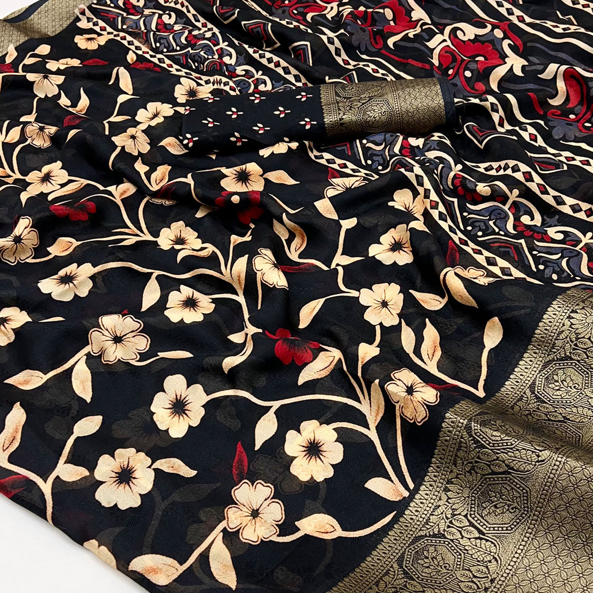 Black Floral Printed Georgette Saree With Woven Border