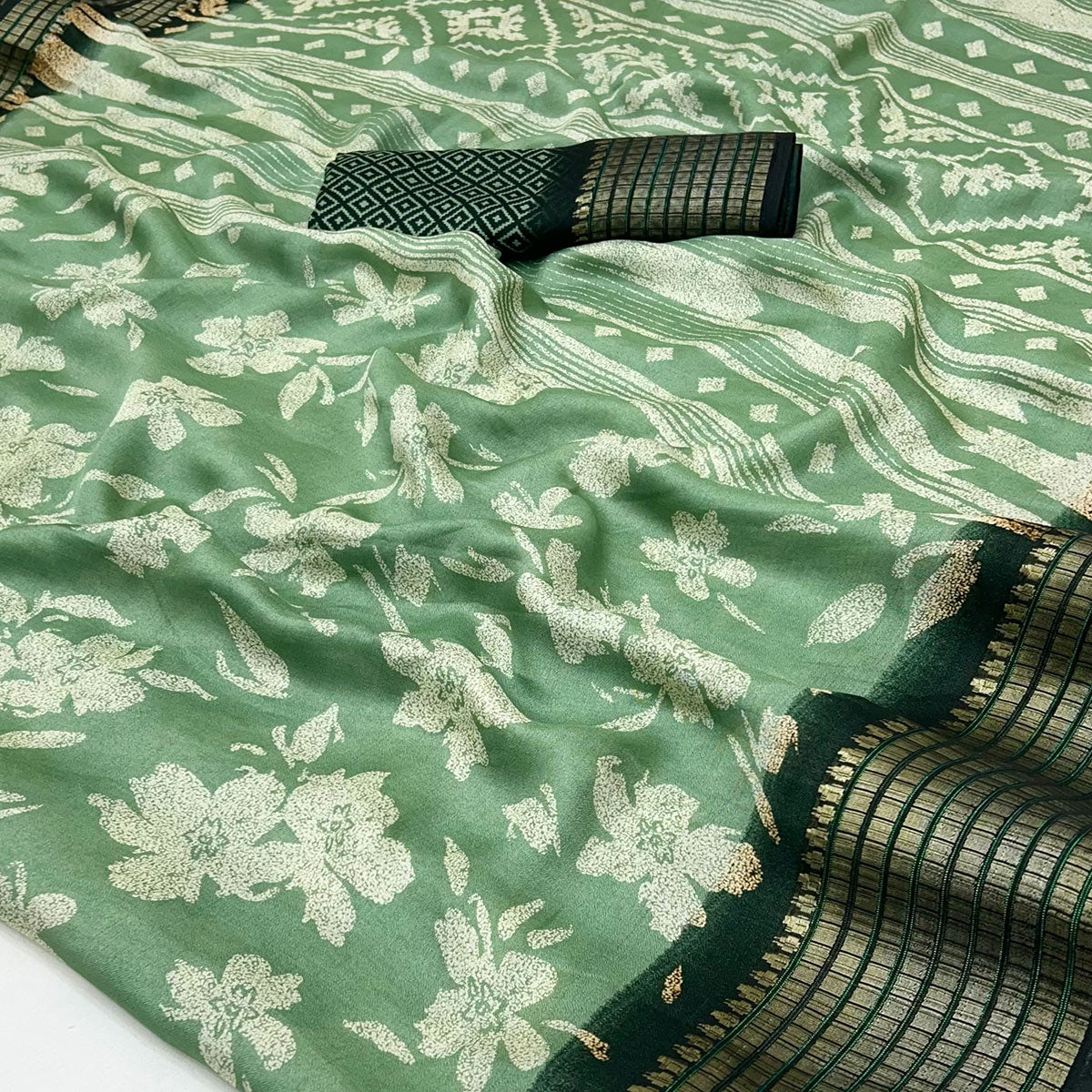 Green Floral Printed Georgette Saree With Woven Border
