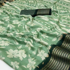 Green Floral Printed Georgette Saree With Woven Border