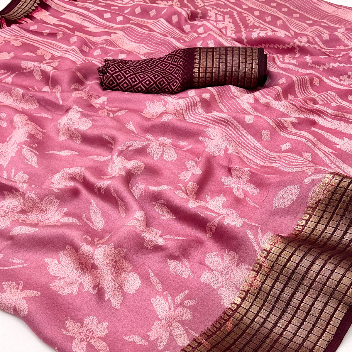 Pink Floral Printed Georgette Saree With Woven Border