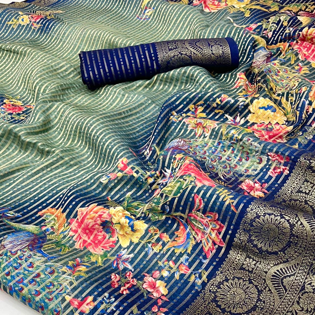 Blue & Green Floral Woven With Printed Georgette Saree