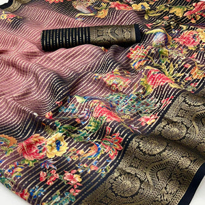 Black & Peach Floral Woven With Printed Georgette Saree