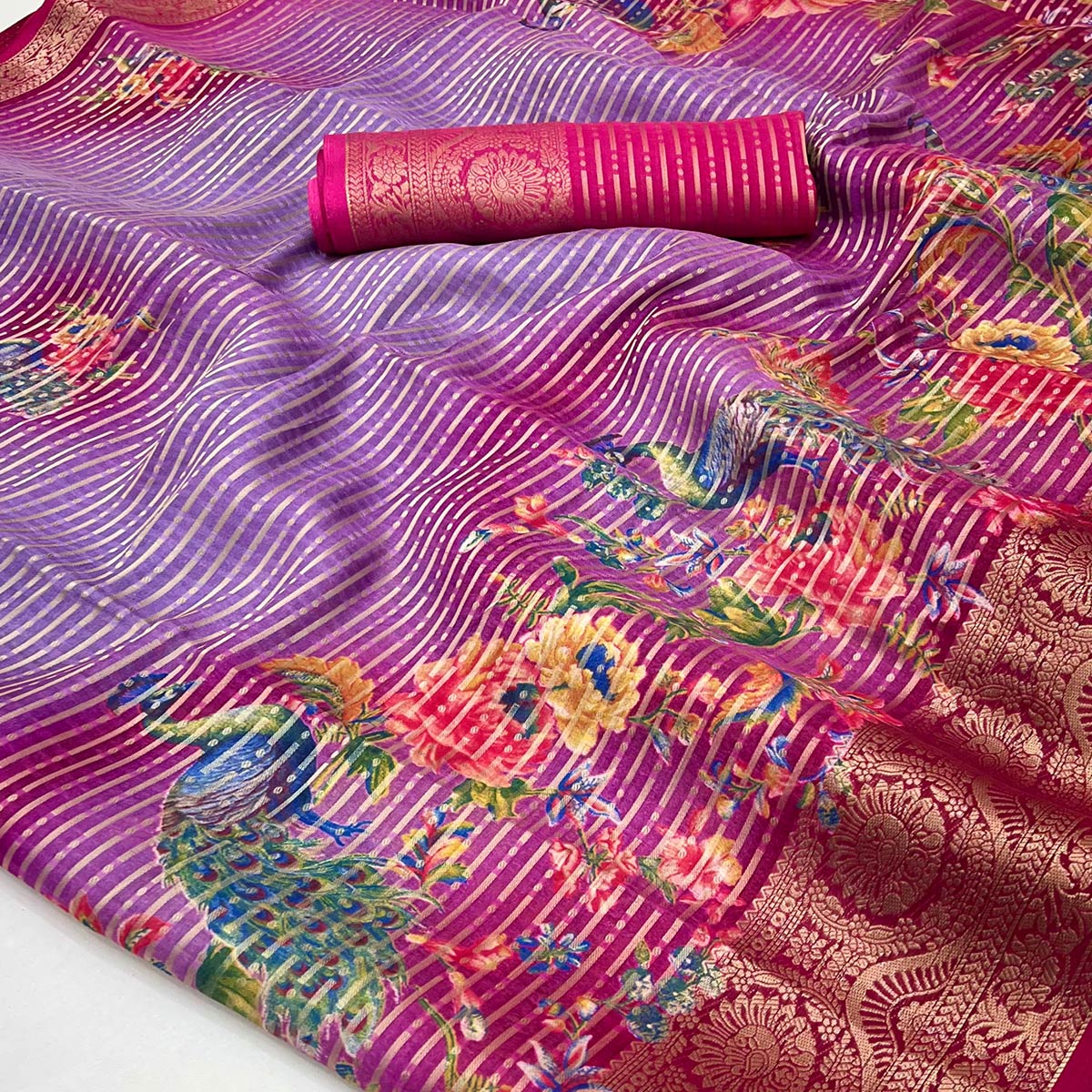 Pink & Lavender Floral Woven With Printed Georgette Saree