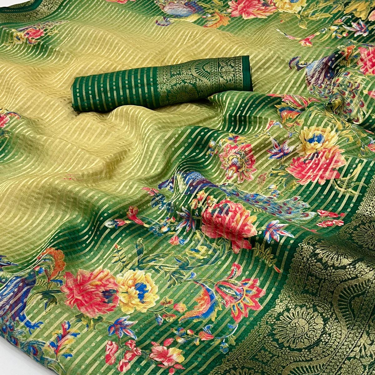 Green & Yellow Floral Woven With Printed Georgette Saree