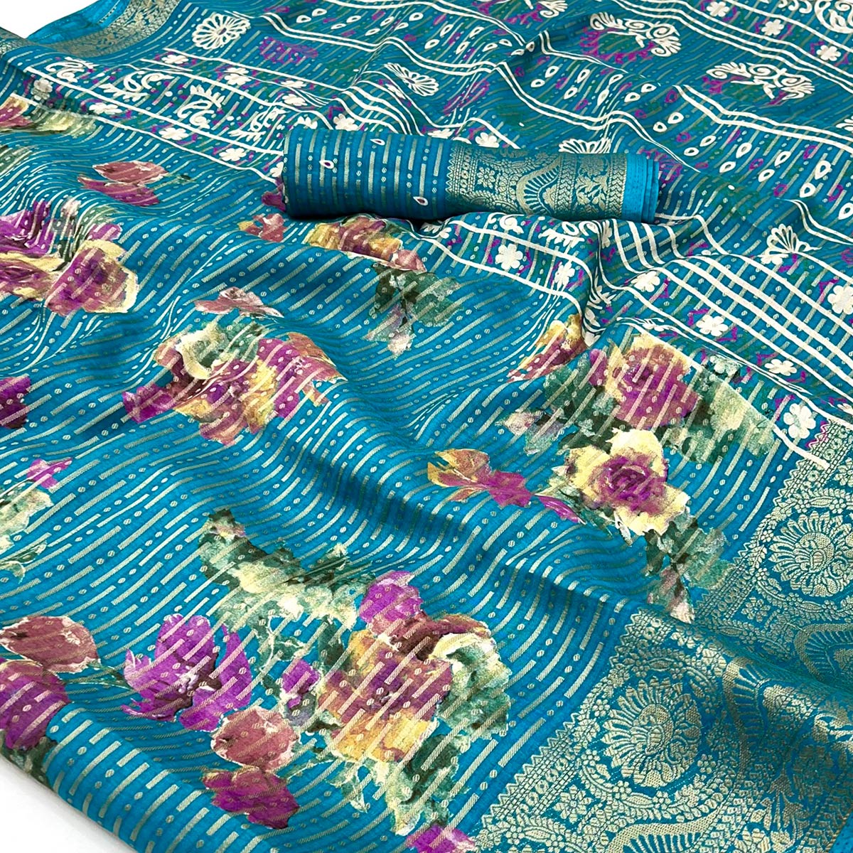 Blue Floral Woven With Printed Georgette Saree