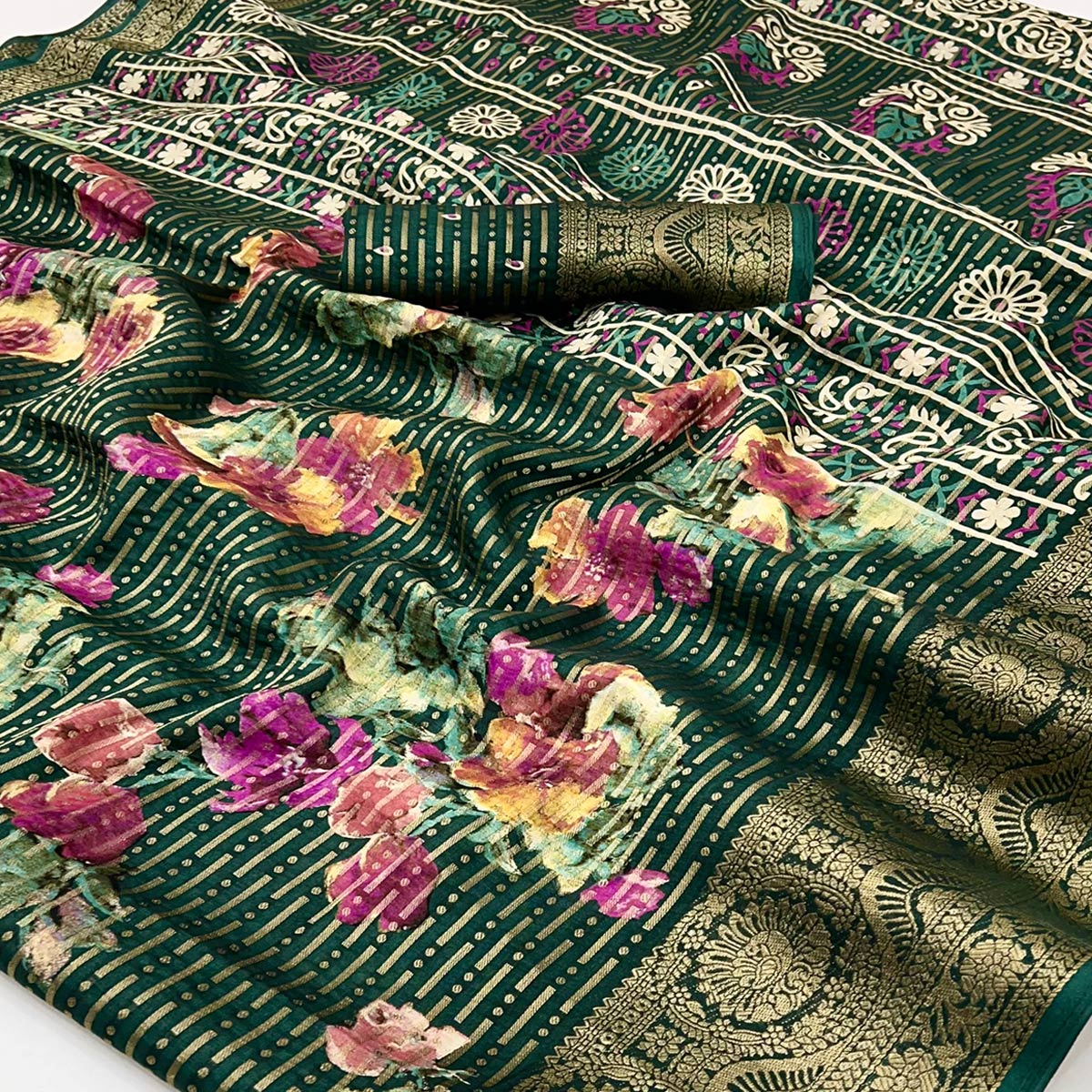 Green Floral Woven With Printed Georgette Saree