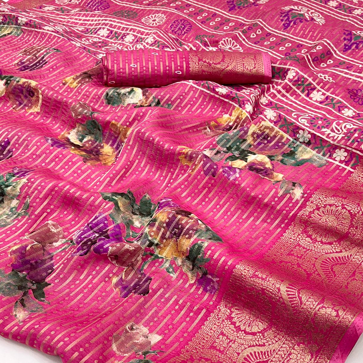 Pink Floral Woven With Printed Georgette Saree