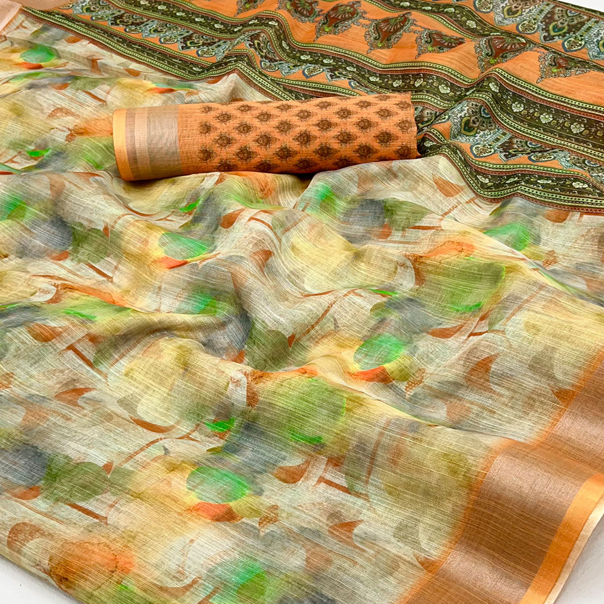 Orange Digital Printed Linen Saree With Woven Border