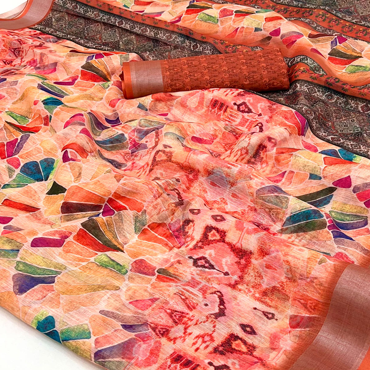 Orange Digital Printed Linen Saree With Woven Border