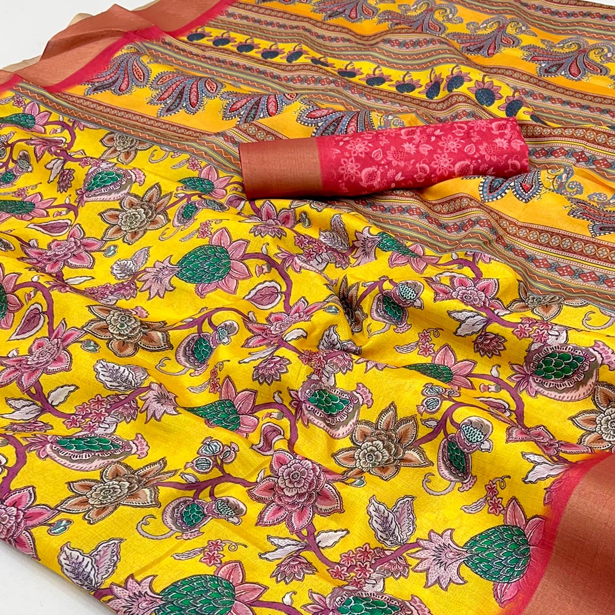 Yellow Floral Printed Cotton Silk Saree With Woven Border