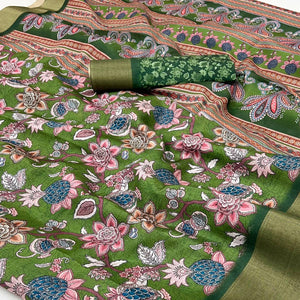 Green Floral Printed Cotton Silk Saree With Woven Border