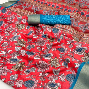 Red Floral Printed Cotton Silk Saree With Woven Border