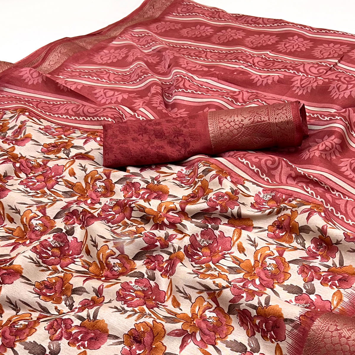 Festive Red Floral Print Saree in Soft Silk with Contrast Jacquard Edging