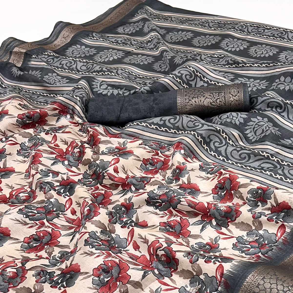 Festive Grey Floral Print Saree in Soft Silk with Contrast Jacquard Edging