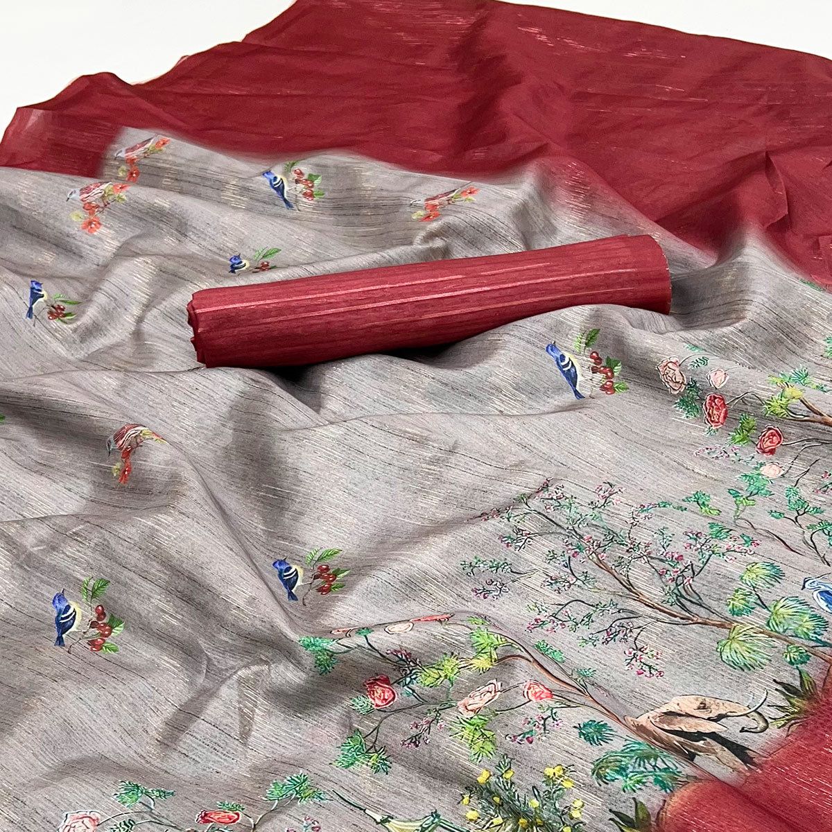 Art-Inspired Grey Digital Print Saree in Soft Cotton Silk