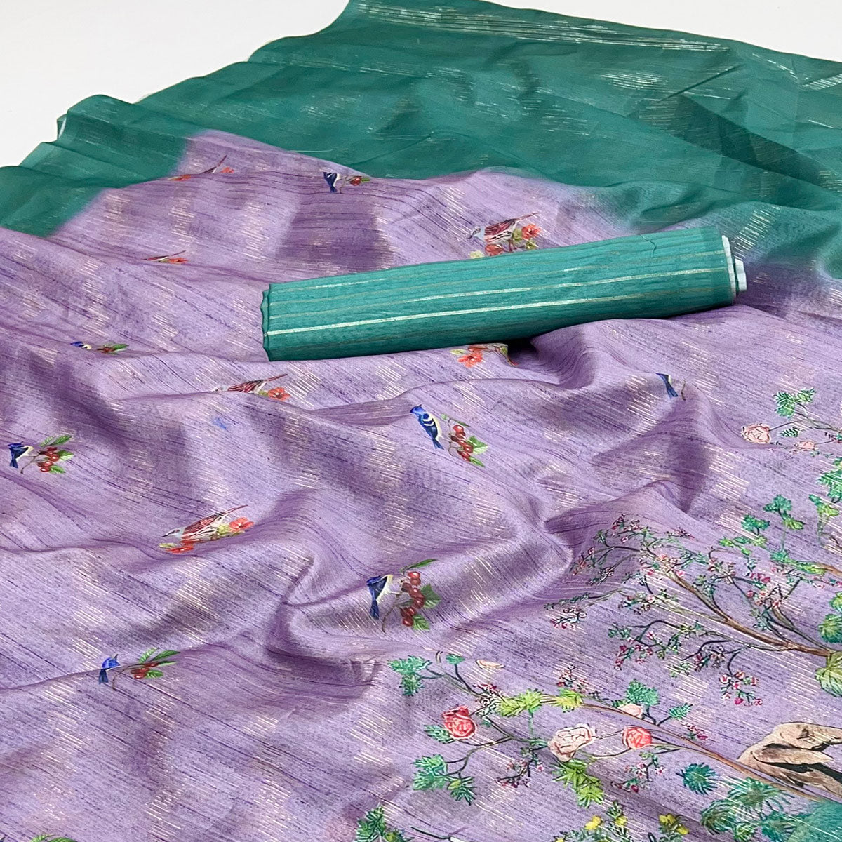 Art-Inspired Lavender Digital Print Saree in Soft Cotton Silk