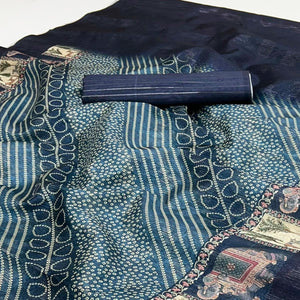 Blue Cotton Silk Saree with Digital Bandhani Print Design & Rich Woven Border