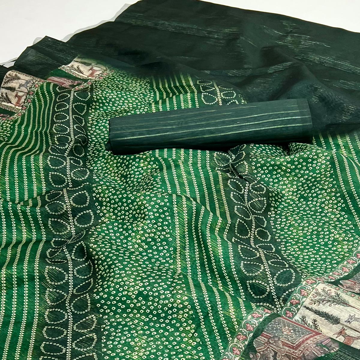 Green Cotton Silk Saree with Digital Bandhani Print Design & Rich Woven Border