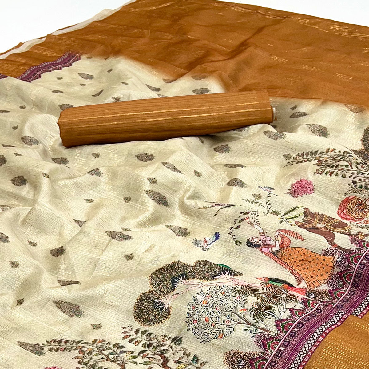 Off-White Digital Print Cotton Silk Saree with Mustard Woven Border