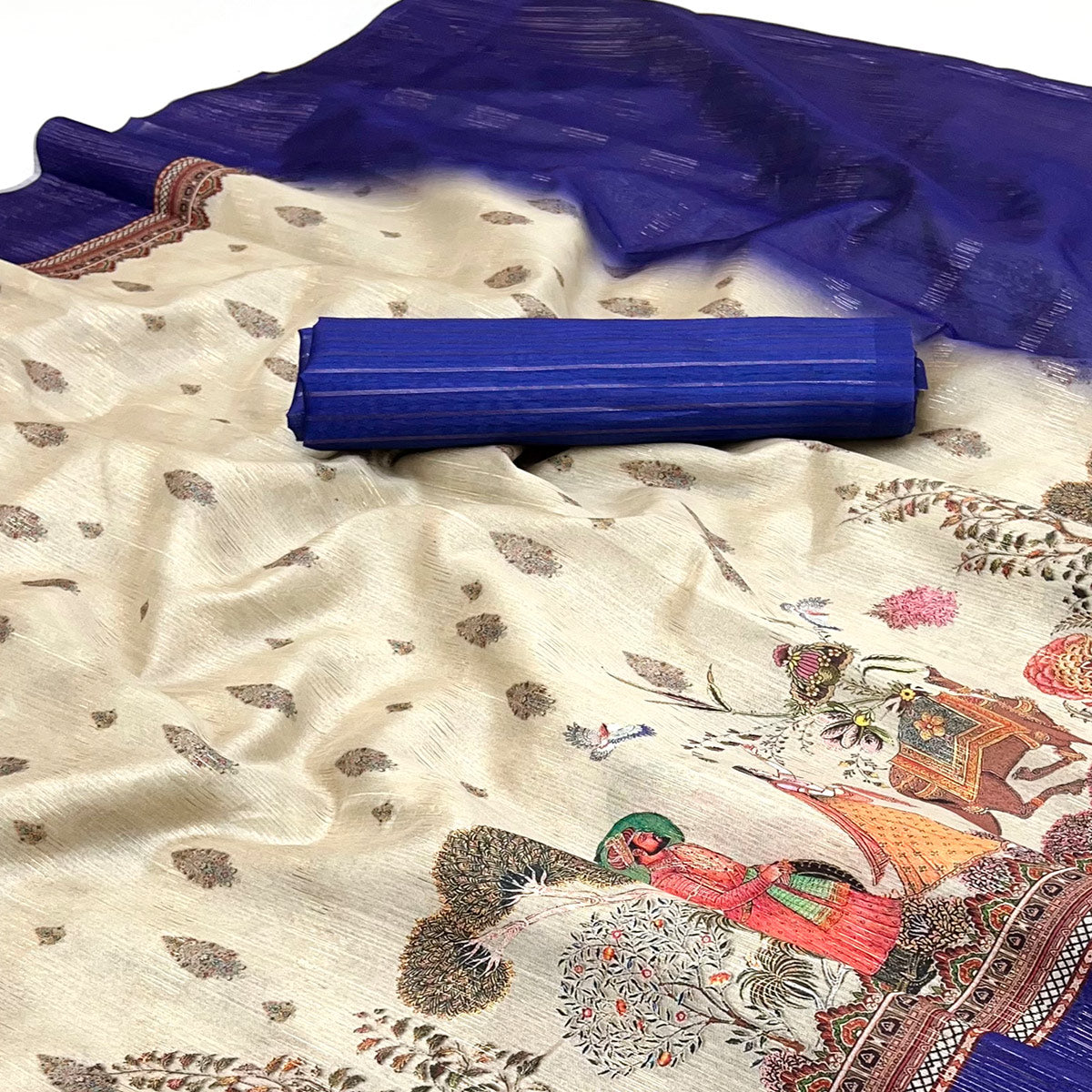 Off-White Digital Print Cotton Silk Saree with Blue Woven Border