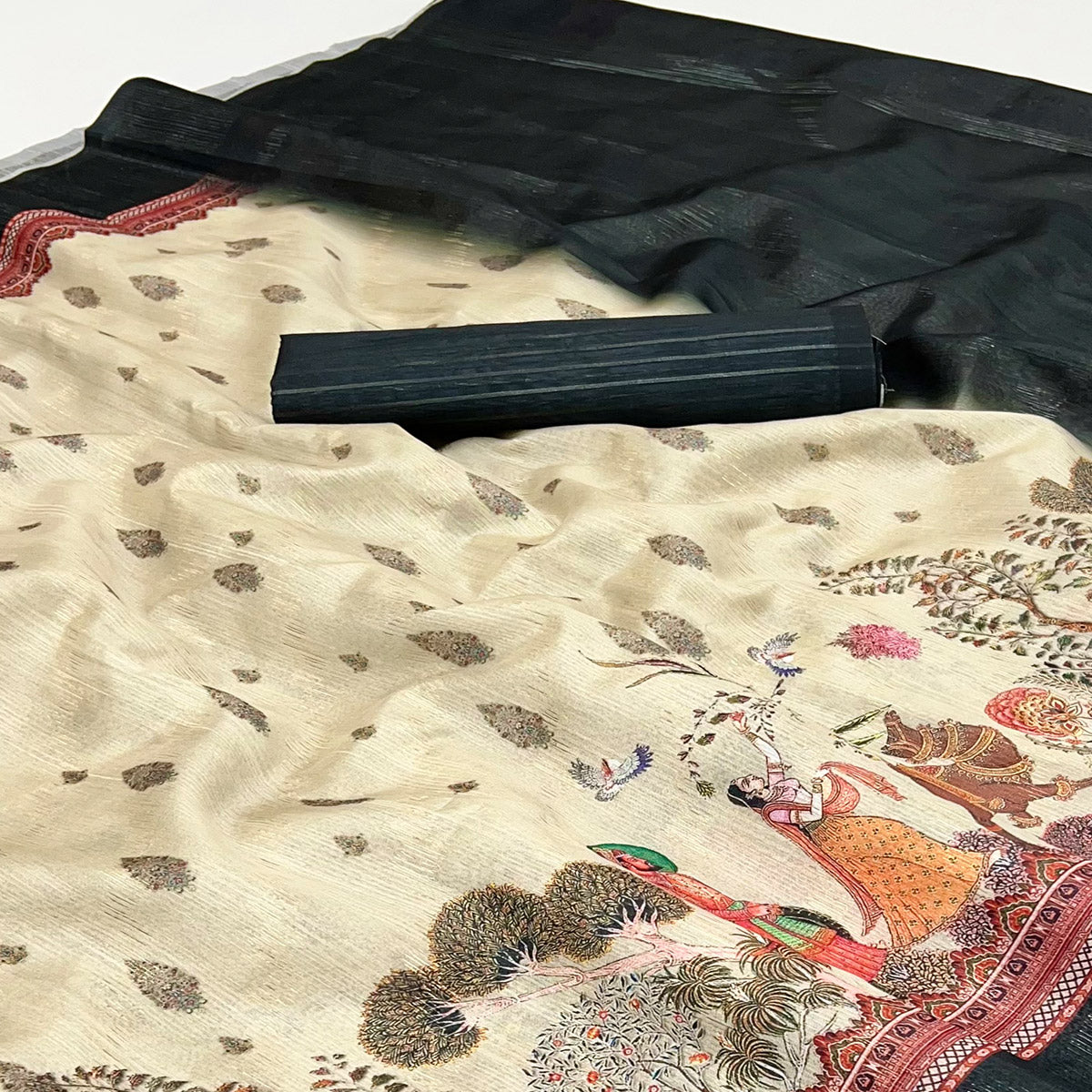 Off-White Digital Print Cotton Silk Saree with Black Woven Border