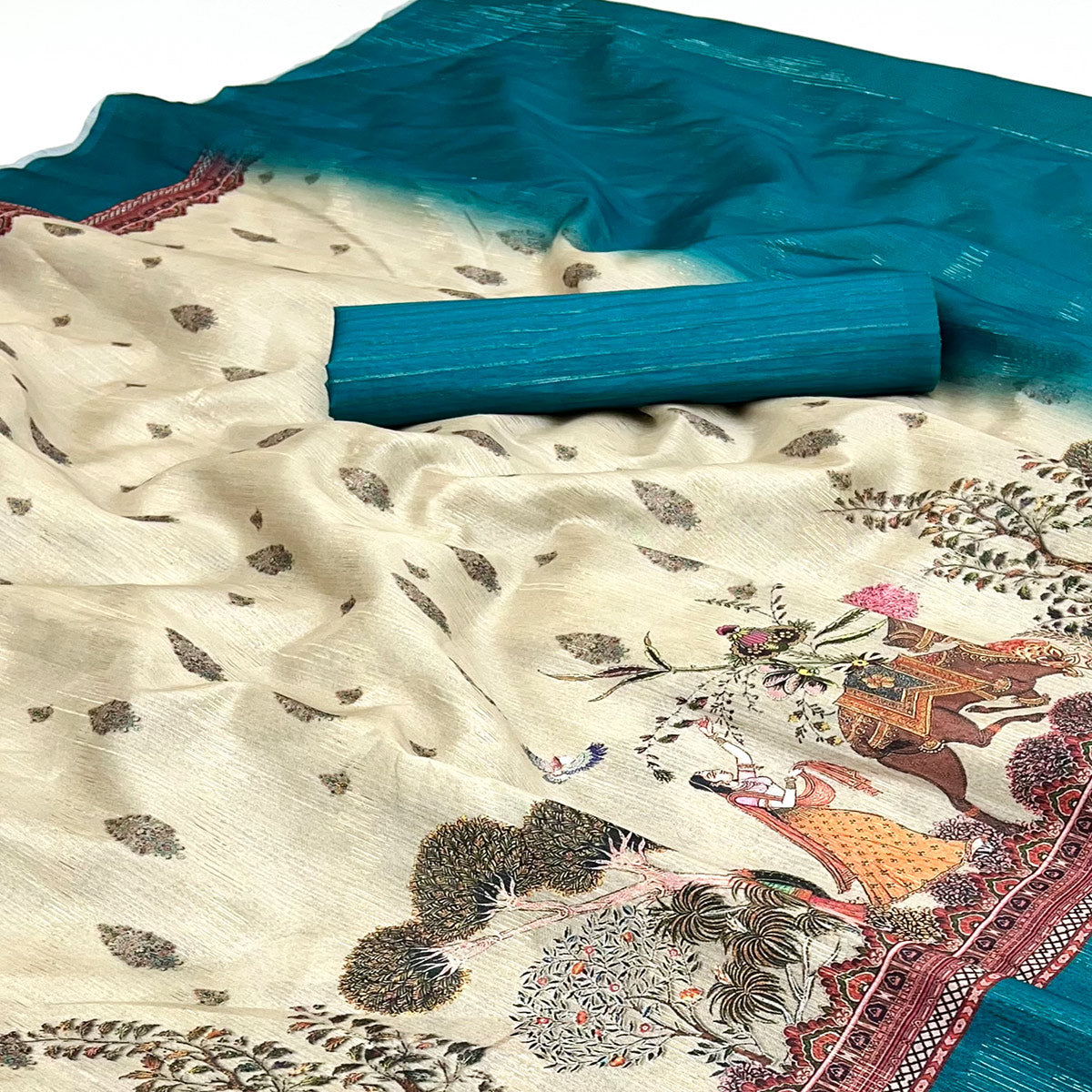Off-White Digital Print Cotton Silk Saree with Turquoise Woven Border