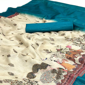 Off-White Digital Print Cotton Silk Saree with Turquoise Woven Border