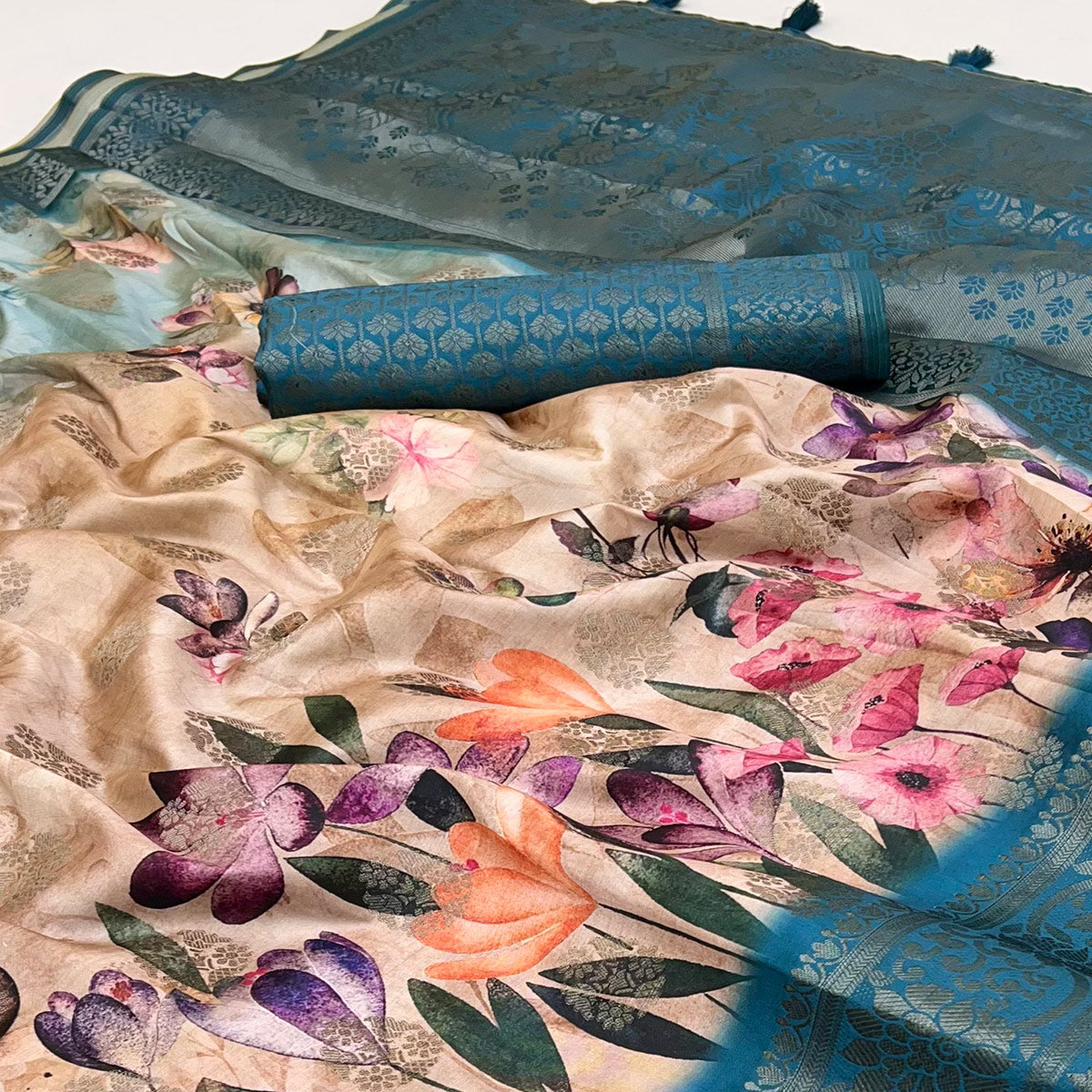 Stylish Cotton Silk Saree in Beige & Teal with Digital Printed and Weaving Border