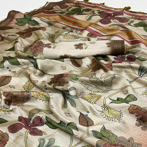 Graceful Beige Cotton Silk Saree with Artistic Florals Print & Weaving Detail