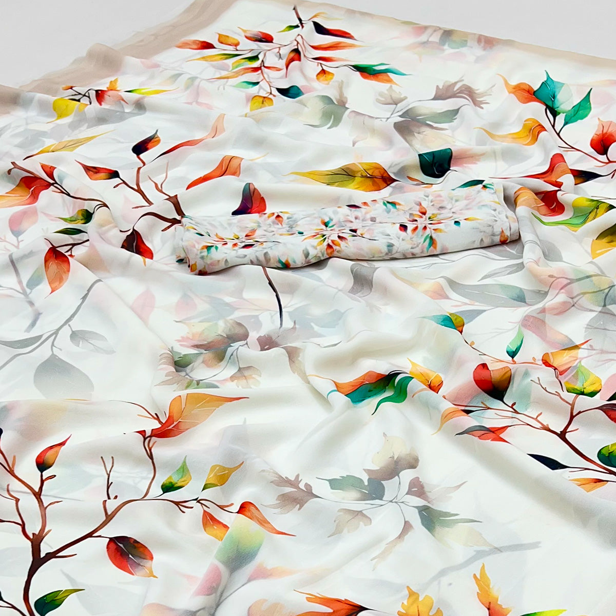 White Floral Printed Saree in Flowing Georgette Fabric