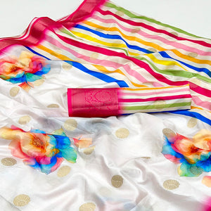 White Floral Patterned Smooth Dola Silken Drape Featuring Zari Border